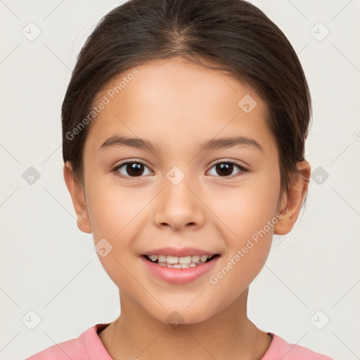 Joyful white child female with short  brown hair and brown eyes