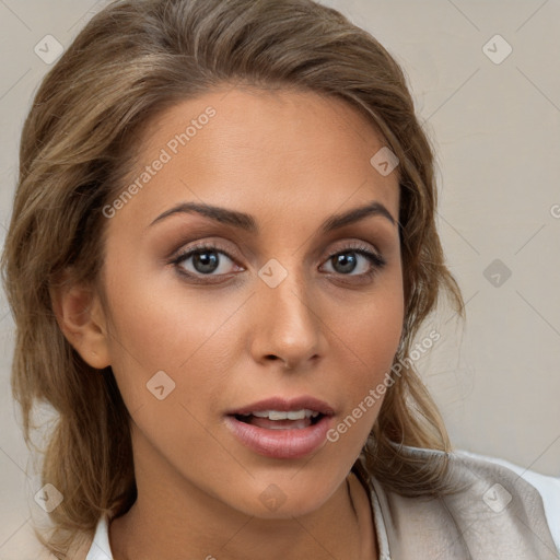 Neutral white young-adult female with medium  brown hair and brown eyes