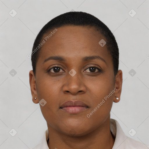 Neutral black young-adult female with short  brown hair and brown eyes