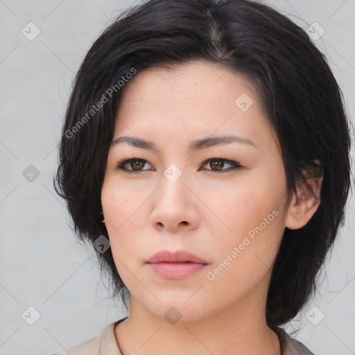 Neutral asian young-adult female with medium  brown hair and brown eyes