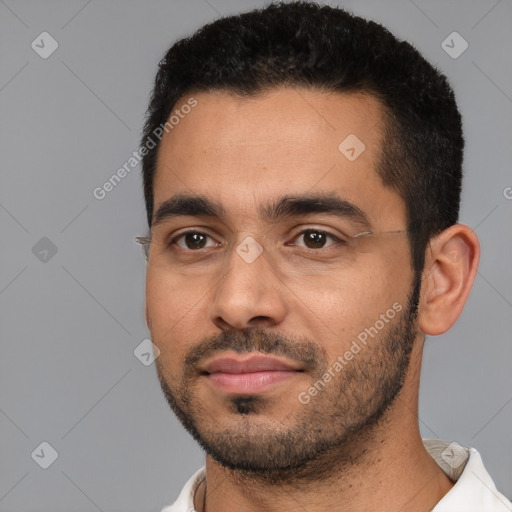 Neutral white young-adult male with short  black hair and brown eyes