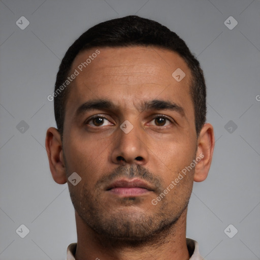 Neutral white young-adult male with short  brown hair and brown eyes