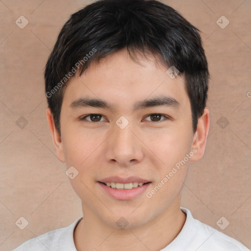 Joyful asian young-adult male with short  brown hair and brown eyes