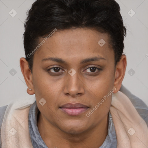 Joyful latino young-adult female with short  brown hair and brown eyes