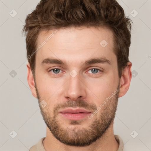 Neutral white young-adult male with short  brown hair and grey eyes