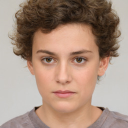 Neutral white young-adult female with short  brown hair and brown eyes