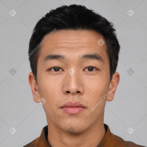 Neutral asian young-adult male with short  black hair and brown eyes