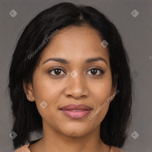 Joyful black young-adult female with medium  brown hair and brown eyes