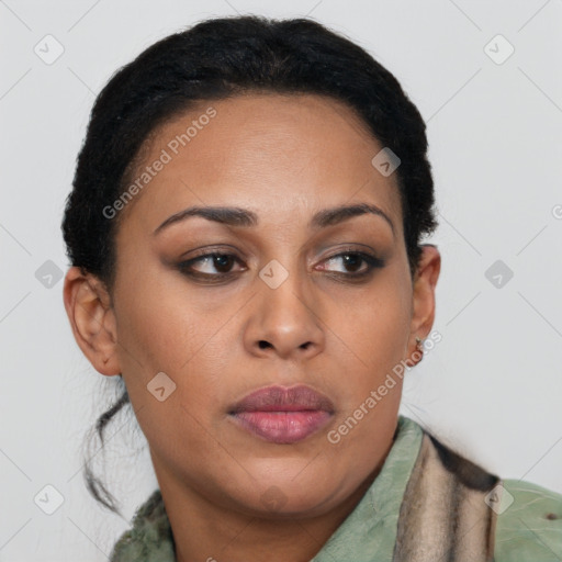 Joyful latino young-adult female with short  brown hair and brown eyes