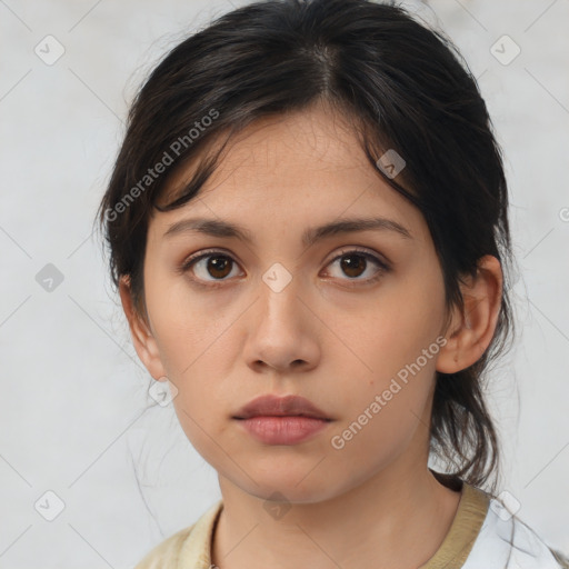 Neutral asian young-adult female with medium  brown hair and brown eyes