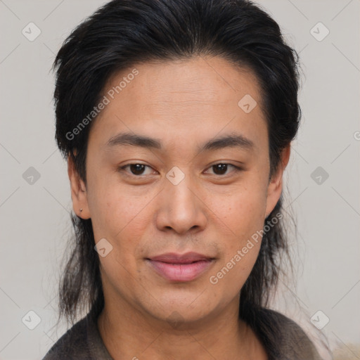 Joyful asian young-adult female with medium  brown hair and brown eyes