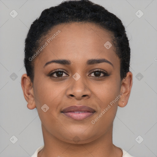 Joyful latino young-adult female with short  brown hair and brown eyes