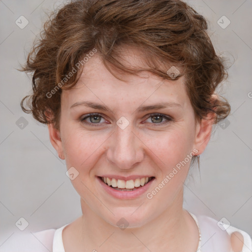 Joyful white young-adult female with medium  brown hair and blue eyes