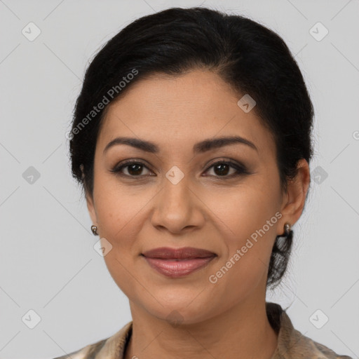 Joyful latino young-adult female with medium  brown hair and brown eyes