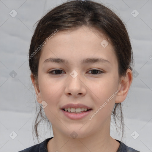 Joyful white child female with medium  brown hair and brown eyes