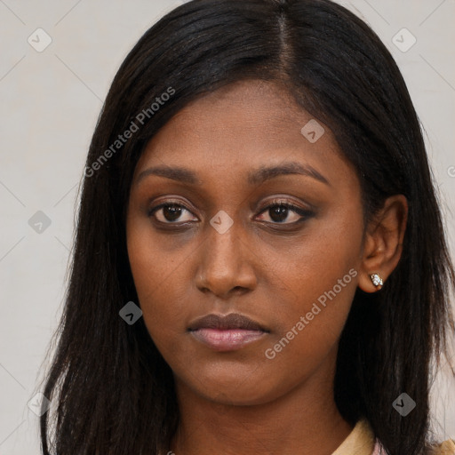 Neutral asian young-adult female with long  brown hair and brown eyes