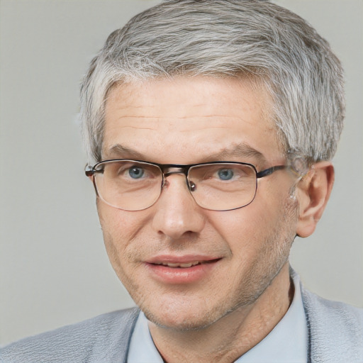 Neutral white middle-aged male with short  gray hair and blue eyes