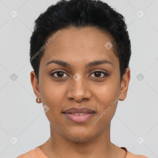 Joyful latino young-adult female with short  black hair and brown eyes