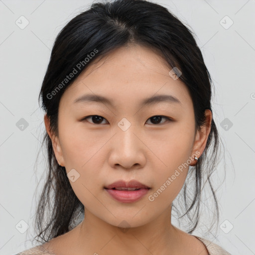 Neutral asian young-adult female with medium  brown hair and brown eyes