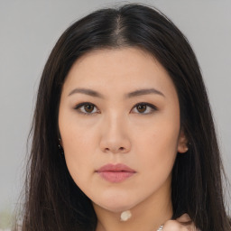 Neutral asian young-adult female with long  brown hair and brown eyes