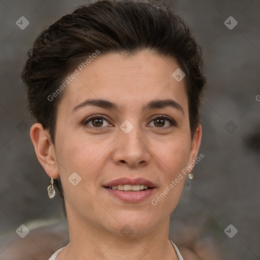 Joyful white young-adult female with short  brown hair and brown eyes