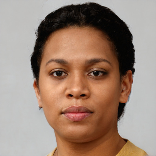 Neutral black young-adult female with short  black hair and brown eyes