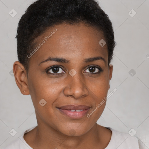 Joyful black young-adult female with short  brown hair and brown eyes