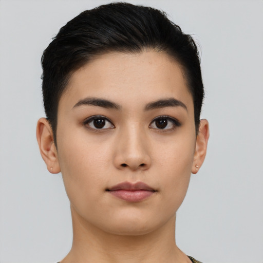 Neutral asian young-adult female with short  black hair and brown eyes