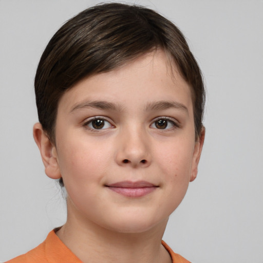 Joyful white child female with short  brown hair and brown eyes