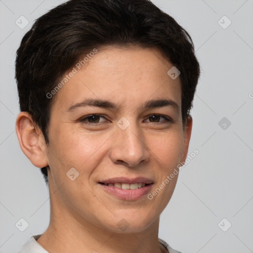 Joyful white young-adult female with short  brown hair and brown eyes