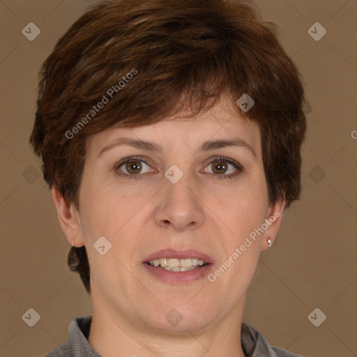 Joyful white adult female with short  brown hair and brown eyes