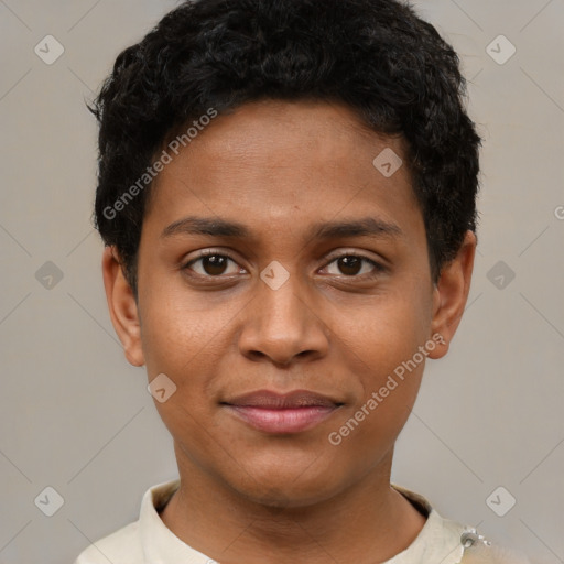 Joyful latino young-adult female with short  brown hair and brown eyes