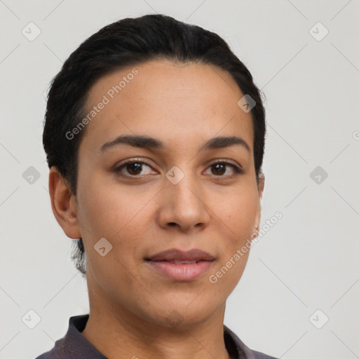 Neutral latino young-adult female with short  black hair and brown eyes