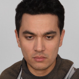 Neutral white young-adult male with short  black hair and brown eyes