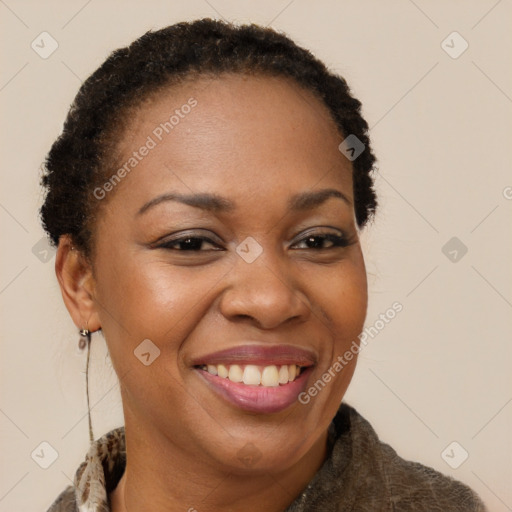 Joyful black adult female with short  brown hair and brown eyes