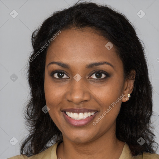 Joyful black young-adult female with long  brown hair and brown eyes