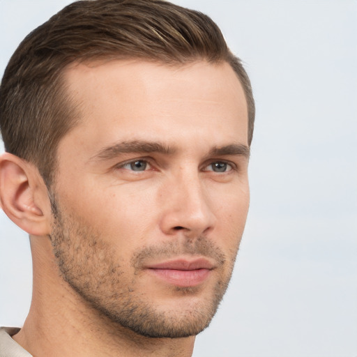 Neutral white young-adult male with short  brown hair and brown eyes