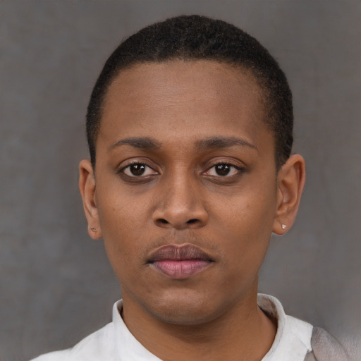 Neutral black young-adult female with short  black hair and brown eyes