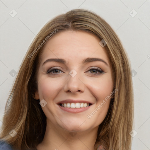 Joyful white young-adult female with long  brown hair and grey eyes