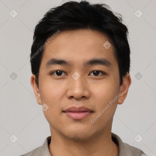 Neutral asian young-adult male with short  black hair and brown eyes