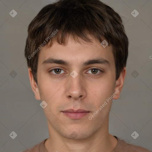 Neutral white young-adult male with short  brown hair and brown eyes