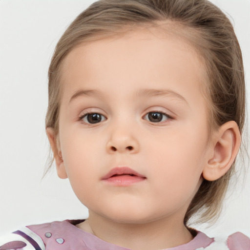 Neutral white child female with medium  brown hair and blue eyes