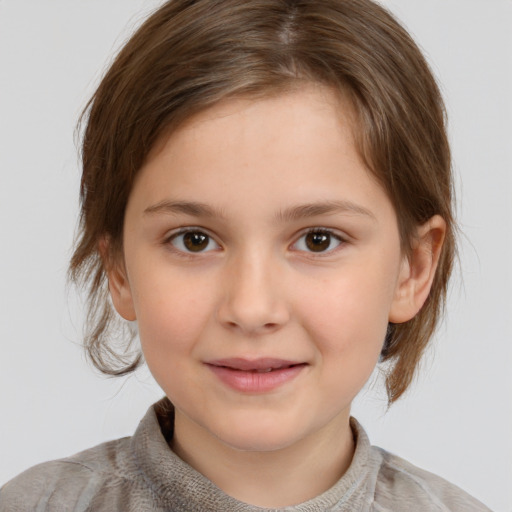 Joyful white child female with medium  brown hair and brown eyes