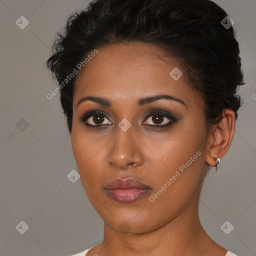 Neutral black young-adult female with short  brown hair and brown eyes