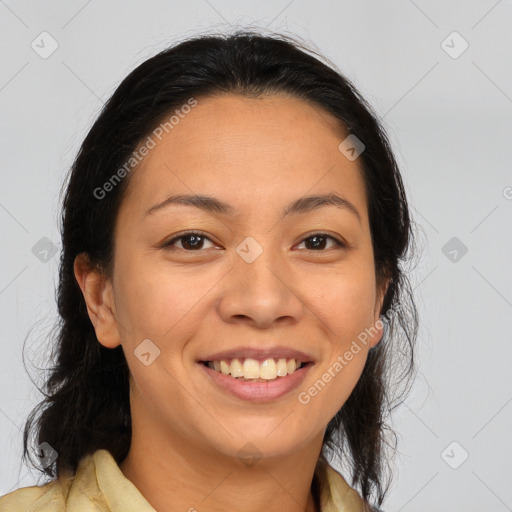 Joyful white young-adult female with medium  brown hair and brown eyes