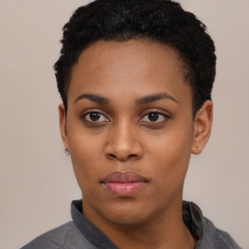 Neutral black young-adult female with short  black hair and brown eyes