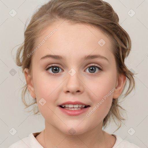 Joyful white child female with medium  brown hair and blue eyes