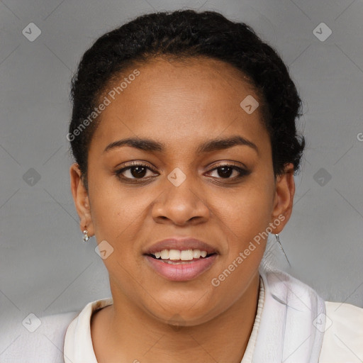 Joyful black young-adult female with short  brown hair and brown eyes