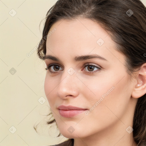 Neutral white young-adult female with medium  brown hair and brown eyes