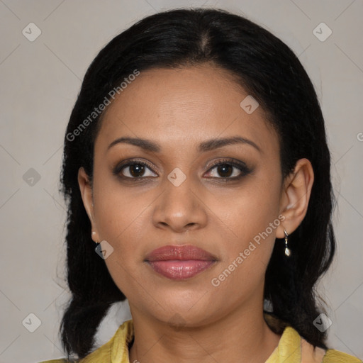 Joyful latino young-adult female with medium  black hair and brown eyes